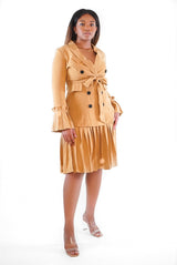 Blazer dress, blazer 2pc dress, sweetheart neckline, midi dress, aline dress, transitional outfit, fall fashion, fall blazer dress, fashionista, essence magazine, dresses, lapels, date night, office wear, women's clothing, women's fashion, khaki blazer, khaki dress, button down blazer, anna bey, level up, high value woman, classy ladies