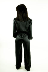 Silky Satin Button Down Wide Leg Jumpsuit