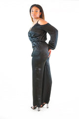 jumpsuit, black, satin, polyester, off the shoulder, camisole, one piece, side pockets, evening wear, date night, lace detail, shoulder strap, one sleeve, two sleeve, elegant jumpsuit, womens clothing, timeless fashion, balloon sleeve, business wear, office attire, fashionable